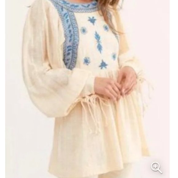FREE PEOPLE XS Bali Birdie Long Sleeve Embroidered Peasant Tie/Open Back Tunic - Picture 11 of 11
